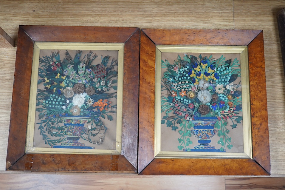 A pair of early Victorian painted cut paper relief still life pictures, maple frames, 28cm high, 22cm wide. Condition - poor frames, one picture fair, the other poor